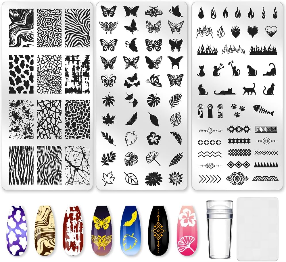 3Pcs Nail Stamping Plate Set Cat Butterfly Nail Stamping Templates French Line Tip Nail Plates Flames Leaves Stainless Steel DIY Reusable Tools with Stamper Scraper for Manicure Printing
