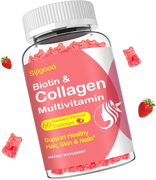 Collagen Gummies for Women Men, 2500mg Protein Type I,II,III,V,X with 15000mcg Biotin Keratin Vitamin C A B6 B12 D E for Skin Hair Nails Joints Immunity Energy Digestion 60 Strawberry Flavored Gummies