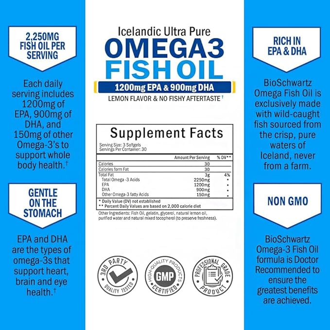 Triple Strength Omega 3 Fish Oil Supplement - 2250mg EPA DHA Omega 3 Fatty Acids from Wild Caught Fish, Supports Joint, Eyes, Brain Health - Burpless Lemon Flavor, Gluten Free, 90 Omega3 Softgels