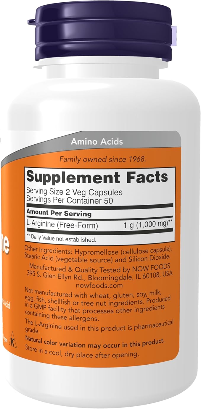 NOW Foods Supplements, L-Arginine 500 mg, Nitric Oxide Precursor*, Amino Acid, 100 Veg Capsules