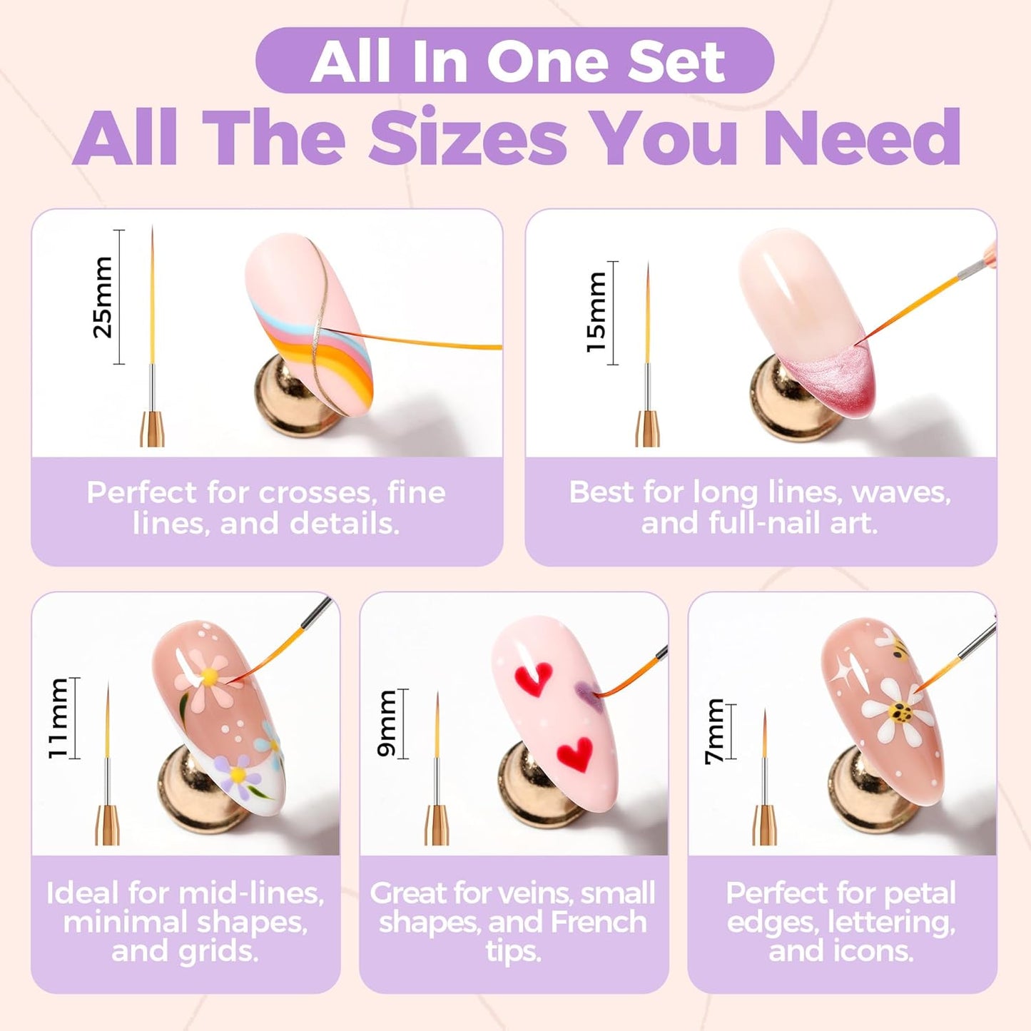 UNA GELLA Nail Art Pens Metallic, Liner Brushes Set For Nail Art Gel Polish, 5Pcs Purple Color, Detail Nail Art Design Painting Brush Set For Nails Gel Fine Drawing Nail Tools, Sizes 7/9/11/15/25mm