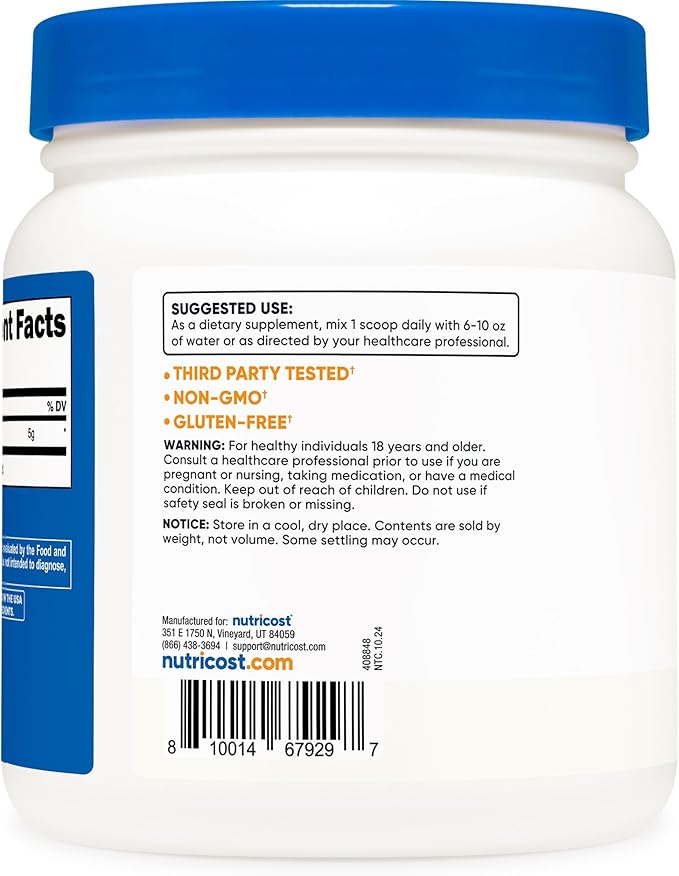 Nutricost L-Arginine Powder 500 Grams (1.1lbs) - Pure L-Arginine Powder - 5000mg Per Serving; 100 Servings