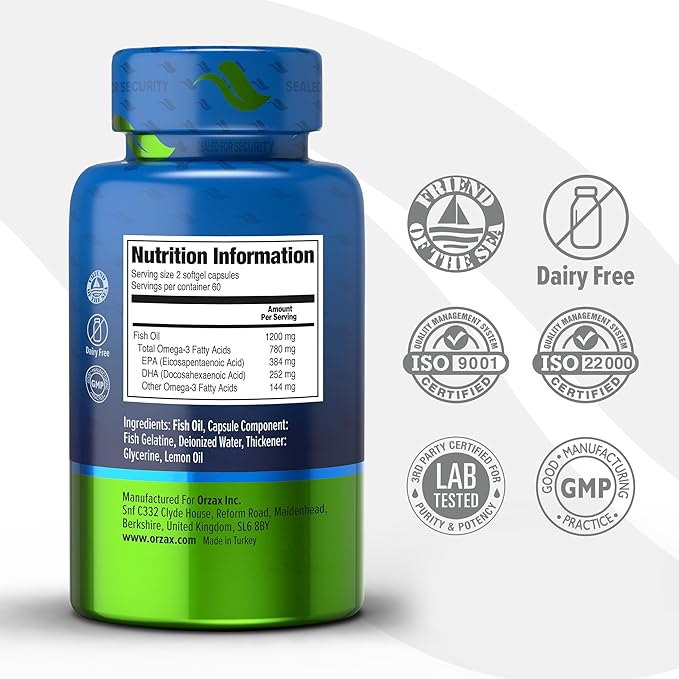 ORZAX Omega 3 Fish Oil 1200 mg - EPA DHA Omega 3 Supplement - Heart, Eye, Joint, and Nerve & Brain Supplement - Lemon Flavored - 120 Softgels Capsules