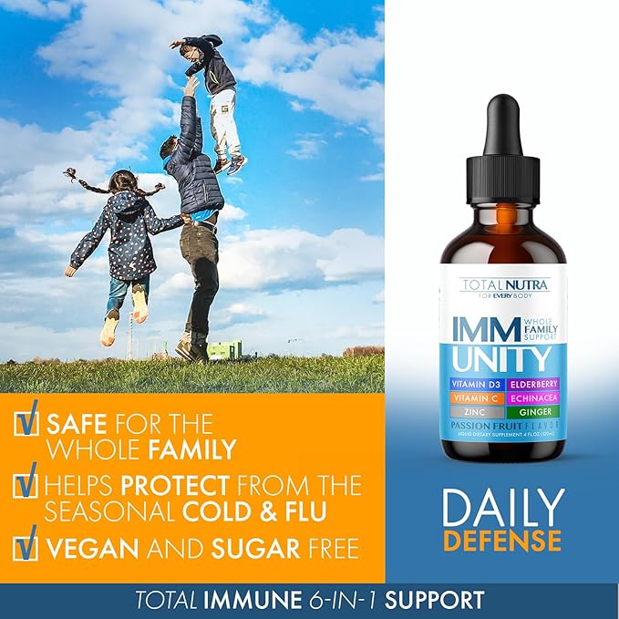 Total Immune 6-in-1 Liquid Multivitamin Supplement | 100% Daily Zinc, Vitamin D3, Vitamin C Immunity Drops Vitamin Liquid | Elderberry, Echinacea, Ginger Support for Adults & Kids | 4 oz Passion Fruit