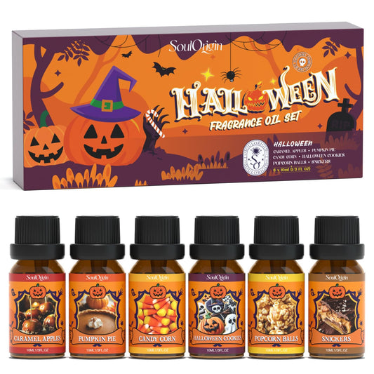 Halloween Fragrance Oils Set, Essential Oil for Diffuser, Diffuser Oil, Use for Soap Candle Making,Caramel Apples, Pumpkin Pie, Candy Corn, Halloween Cookies, Popcorn Balls, Snickers Bars