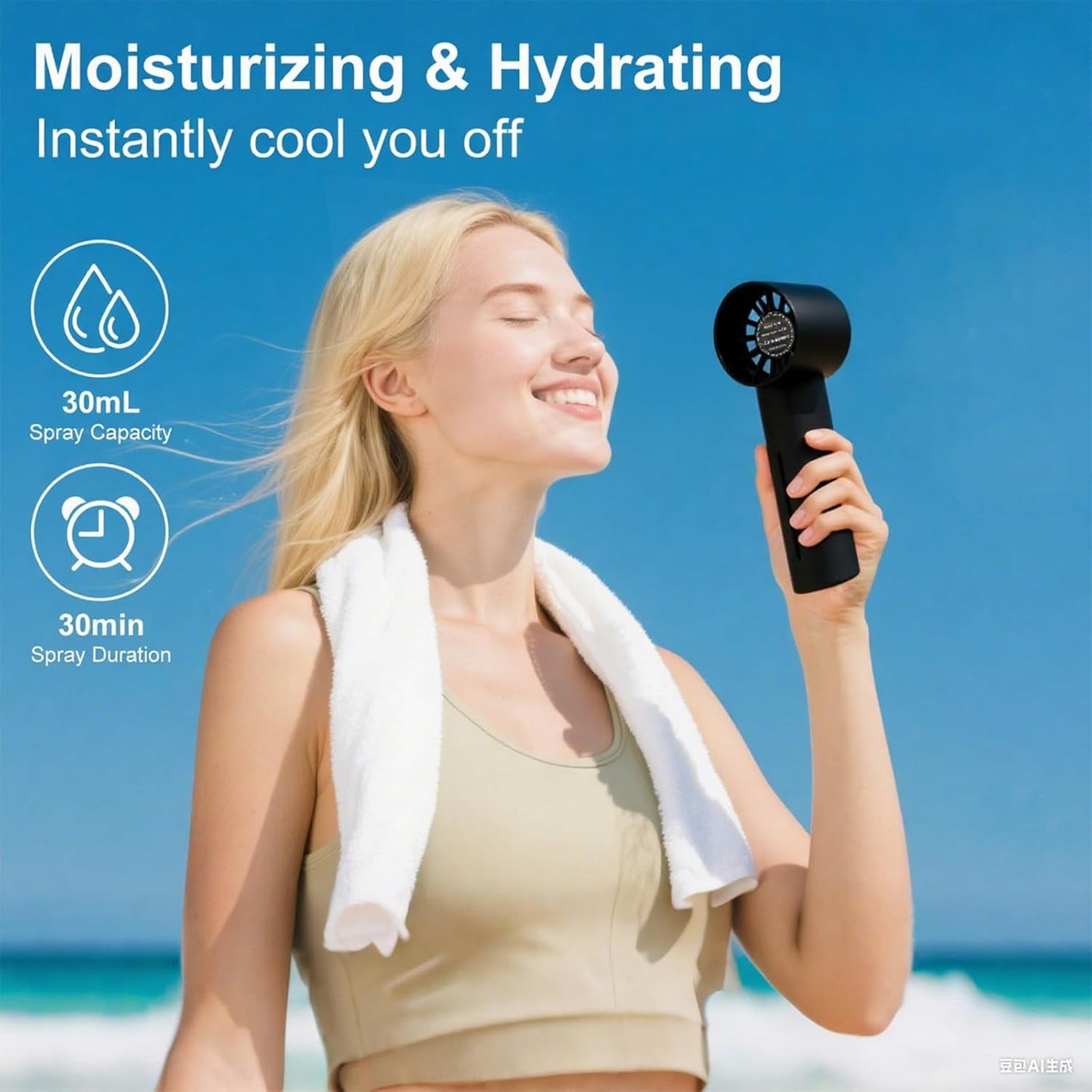 Portable misting fan, hand-held rechargeable humidification and water supplement fan,5-speed 30ML water tank suitable for travel, beach and office use (Black)