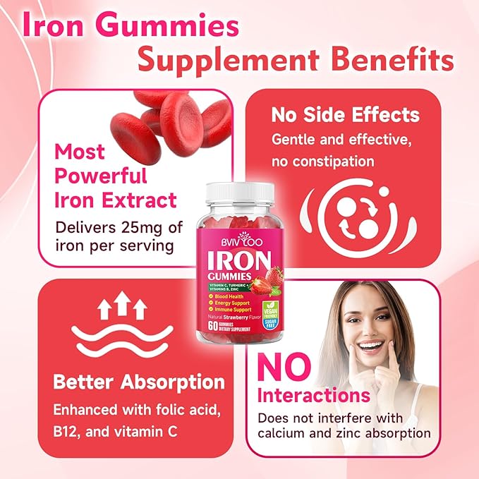 2 Pack Vegan Iron Gummies for Adults & Kids - with Vitamin C, A, B-Complex, Folate, Zinc, and Biotin - for Blood Building & Energy Support, 120 Gummies