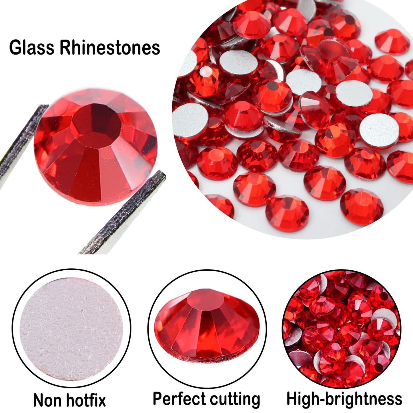 Flatback Glass Rhinestones,Bedazzler Gems 1440pcs Non Hotfix Crystal Rhinestones for Nail Charms Crafts Clothes Tumblers,Red,SS10