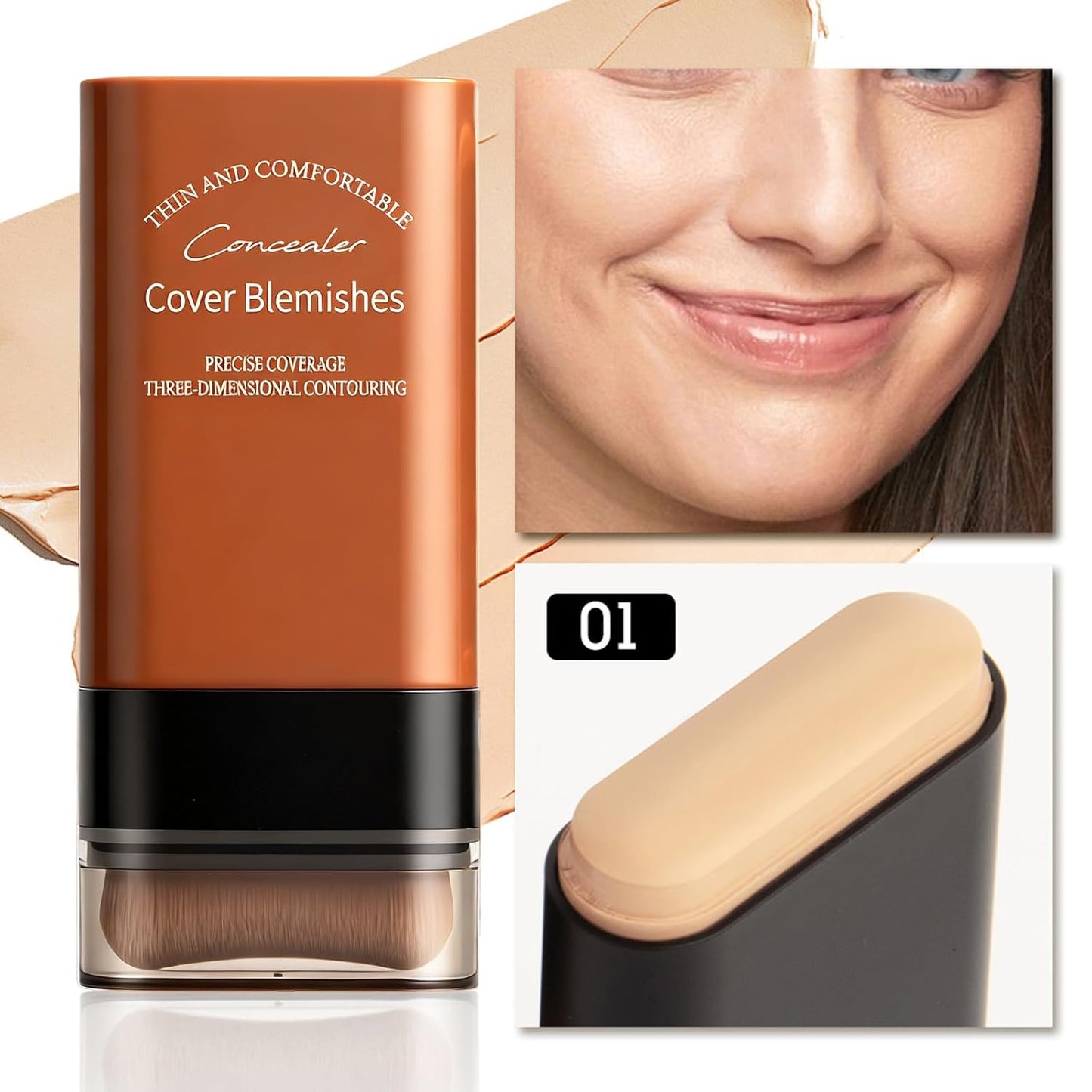 Face Foundation Concealer Stick,2-in-1 Long-wear Lightweight Contour Brighten Stick Blemish with Brush, Waterproof, Hydrating Full Coverage Dark Circles & Blemishes(01#Ivory White)