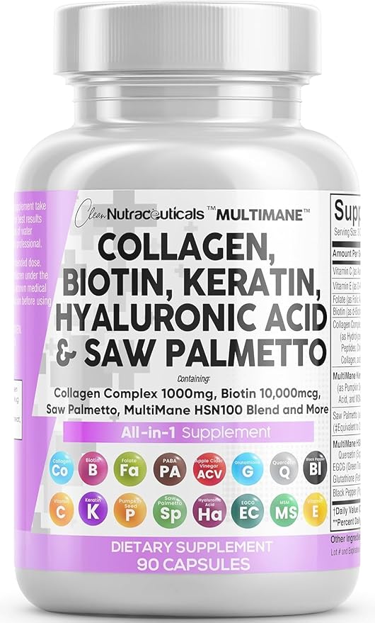 Clean Nutraceuticals Collagen Pills 1000mg Biotin 10000mcg Keratin Saw Palmetto Hyaluronic Acid - Hair Skin & Nails Vitamins & DHT Blocker with Vitamin E Folic Acid Pumpkin Seed MSM - 90 Count