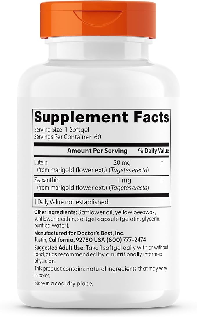 Doctor's Best Lutein with Gluten Free, Vision Support, 60 Softgels