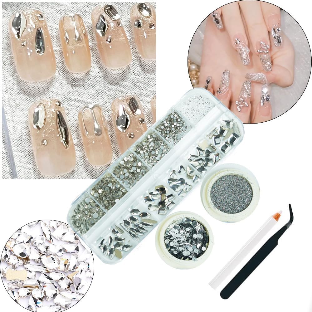 3 Boxes Silver Nail Rhinestones with Fine Glitters Kit, 60Pcs Big Assorted Silver Nail Gems with S6-S16 Flatback Round Stones,Crystals Nail Gem Stones for Faces Body DIY Crafts