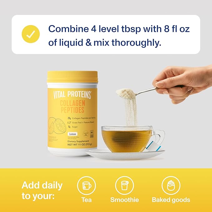 Vital Proteins Grass Fed Collagen Peptides Powder, Helps Support Healthy Hair, Skin, Nails, Bones and Joints - Hydrolyzed Collagen - Lemon 11oz