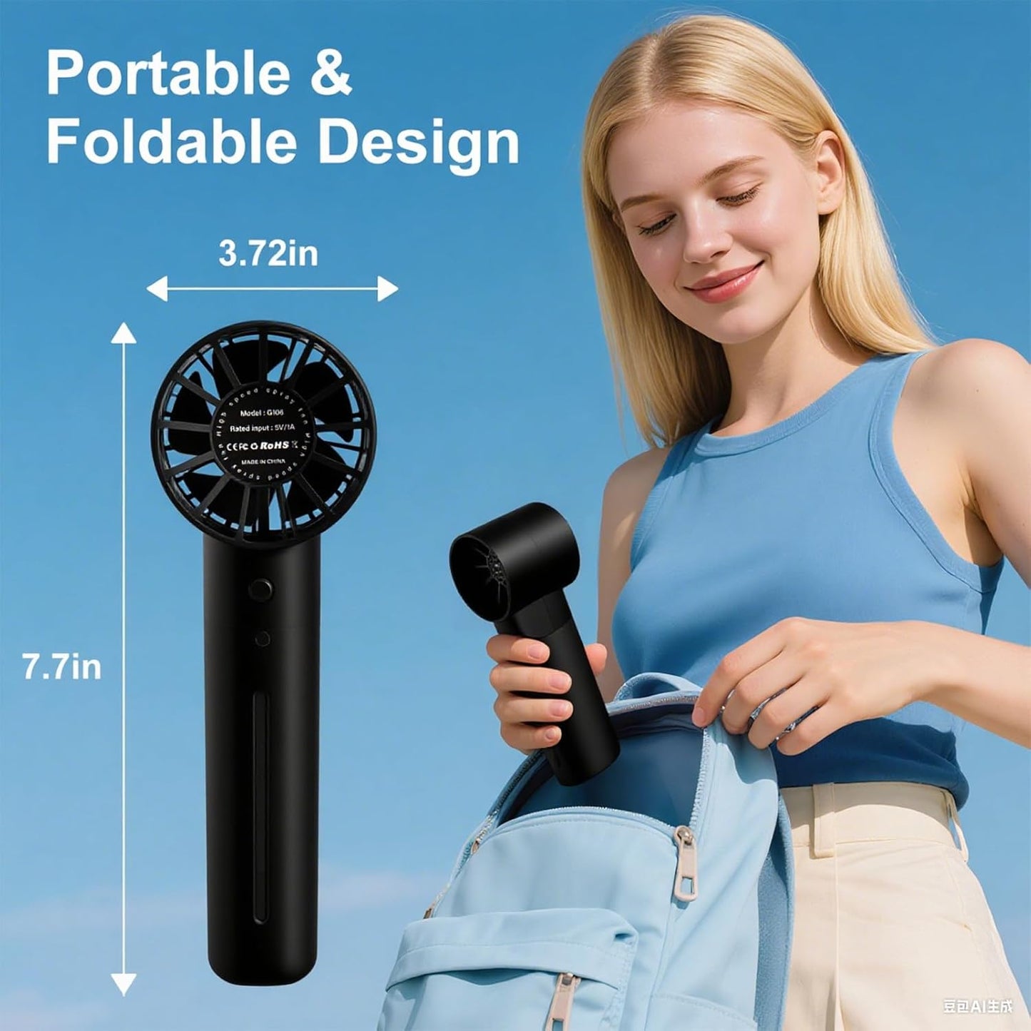 Portable misting fan, hand-held rechargeable humidification and water supplement fan,5-speed 30ML water tank suitable for travel, beach and office use (Black)