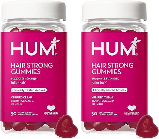 HUM Hair Strong - Daily Gummies with Biotin to Improve Hair Growth - Fo Ti, Folic Acid, Zinc, Vitamin B12 & PABA to Support Healthy Hair, Skin and Nails for Women and Men (100-Count)