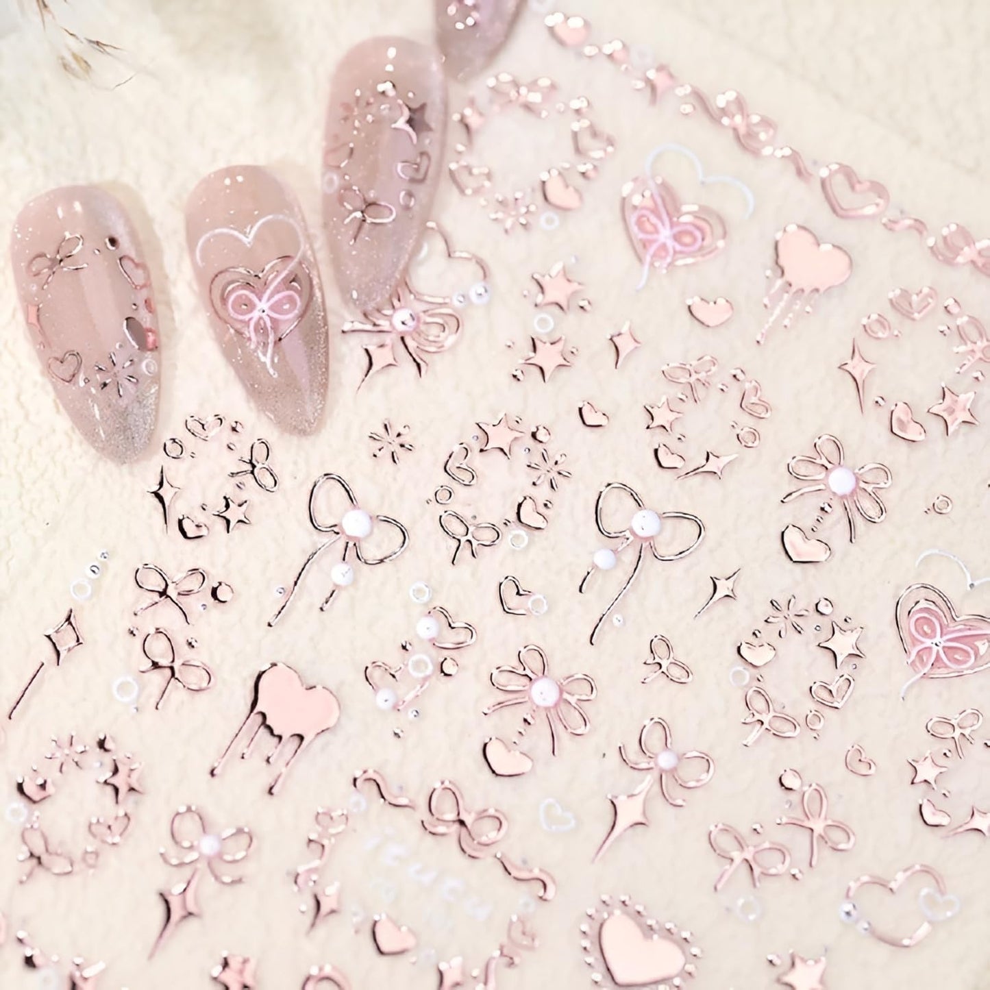Pink Heart Nail Art Stickers Decals 5D Embossed Star Nail Stickers for Nail Art Pink Bow Nail Decals Valentine Nail Design Cute Nails Supplies for Women
