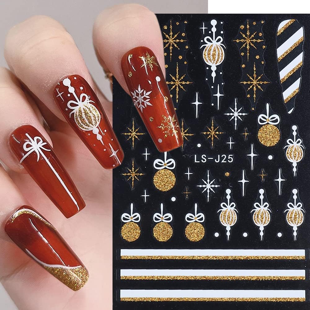 8 Sheets Christmas Glitter Nail Art Stickers Decals Self-Adhesive Pegatinas Uñas Holiday Gold Silver Reindeer Line Snowflake Nail Supplies Nail Art Design Decoration Accessories