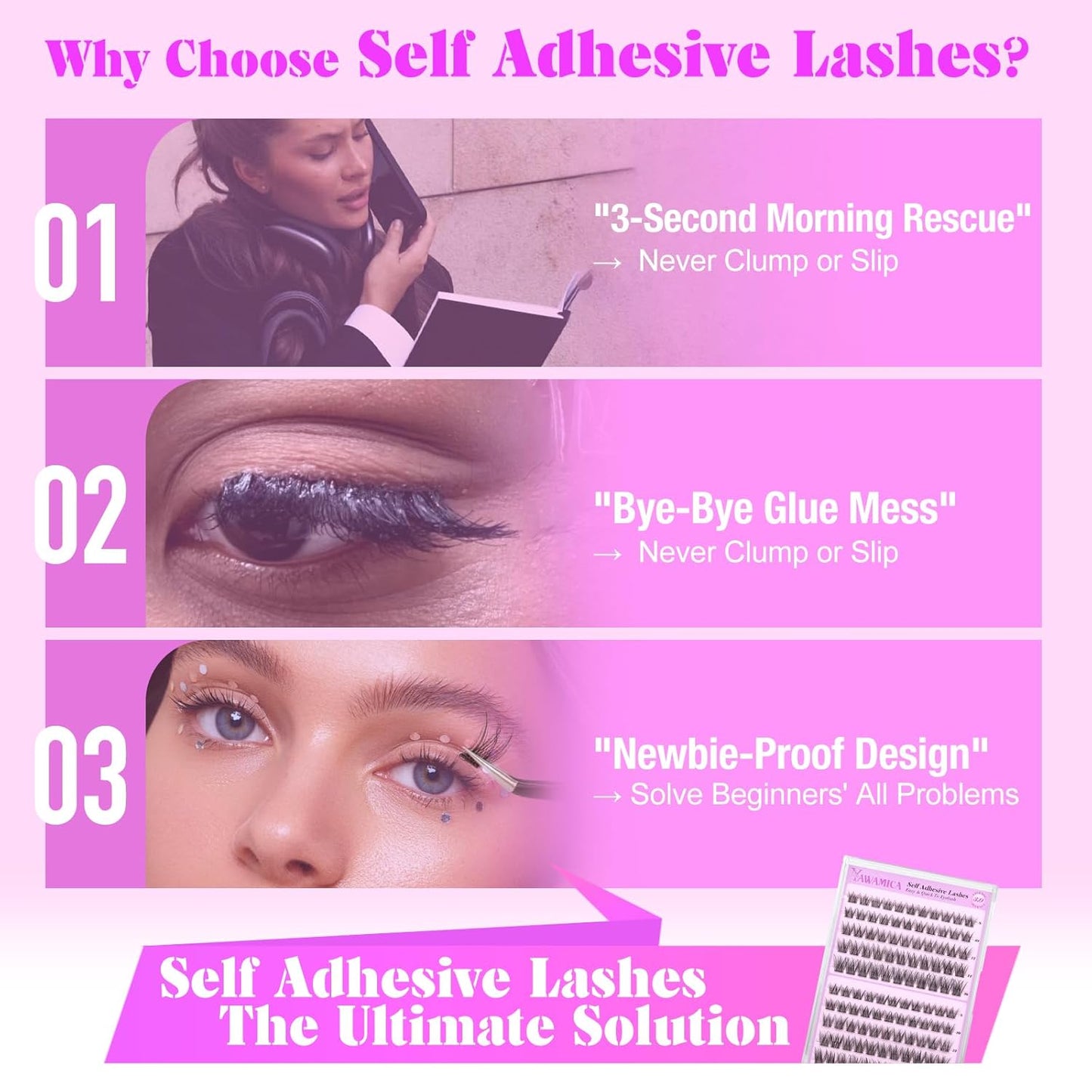 Yawamica Self Adhesive Eyelashes Wispy Lash Clusters No Glue Needed DIY Lash Extension 8-16mm Pre-Glued Eyelash Clusters Reusable Press on Lashes Natural C Curl Individual Lashes DIY Lash for Beginner