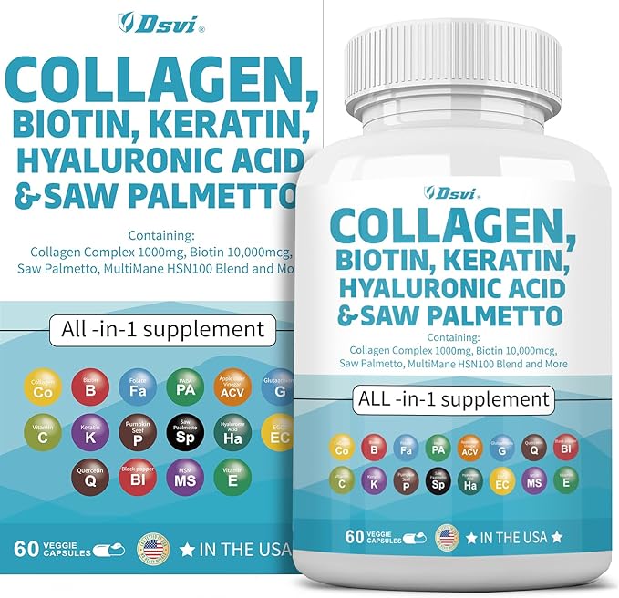 Collagen Pills 1000mg Biotin 10000mcg Keratin Saw Palmetto 2500mg Hyaluronic Acid - Hair Skin and Nails Vitamins and DHT Blocker with Vitamin E Folic Acid Pumpkin Seed MSM for Men and Women,60 Count