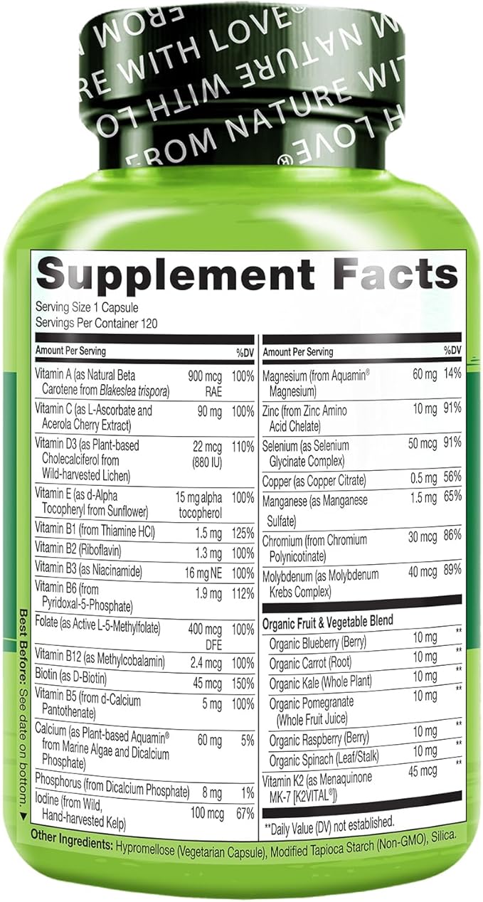 NATURELO One Daily Multivitamin for Women 50+ (Iron Free) - Menopause Support for Women Over 50 - Whole Food Supplement - Non-GMO - No Soy - 120 Capsules - 4 Month Supply
