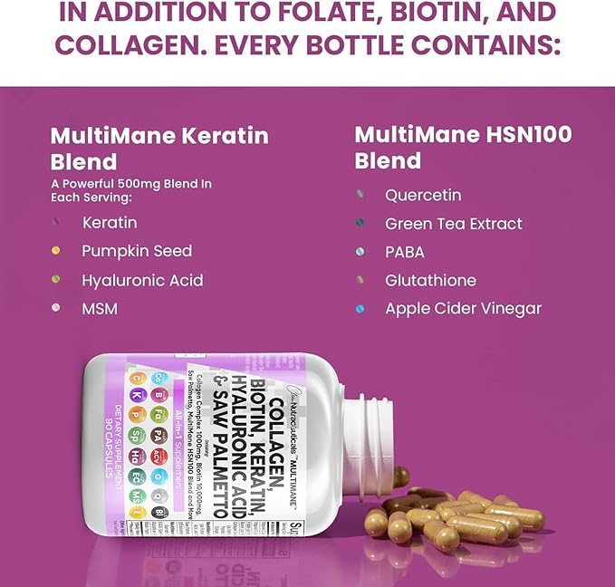 Clean Nutraceuticals Collagen Pills 1000mg Biotin 10000mcg Keratin Saw Palmetto Hyaluronic Acid - Hair Skin & Nails Vitamins & DHT Blocker with Vitamin E Folic Acid Pumpkin Seed MSM - 90 Count