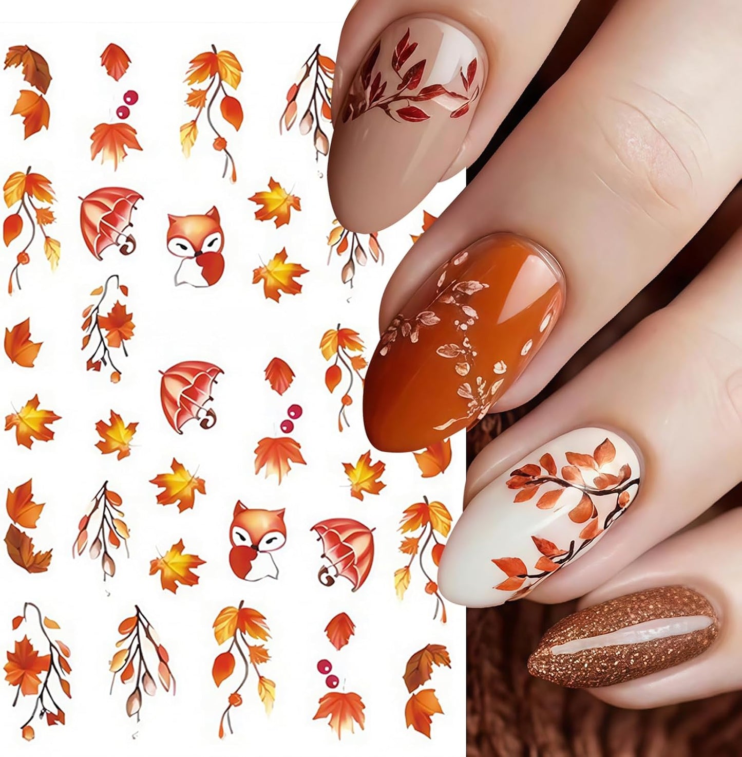 6Pcs Maple Leaf Nails Stickers,Fall Maple Leaf Nail Art Sticker Thanksgiving Pumpkin Nail Stickers for Nails Art Cute Fox Pine Mushroom Ginkgo Nail Decals Leaf Nails Design Nail Supplies for Women