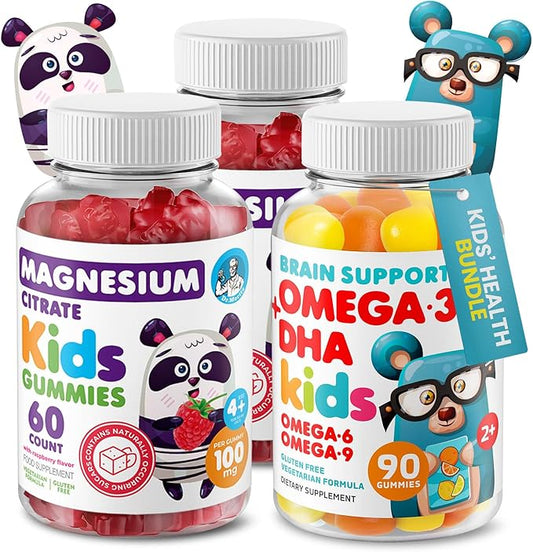 DR. MORITZ Kids Magnesium and Kids Omega 3 Gummies Bundle - Includes Low Sugar Calm Magnesium Gummies for Kids (120 Count, 2 Pack) and Vegetarian Omega 3 Gummies for Kids (90 Count), No Fish Oil