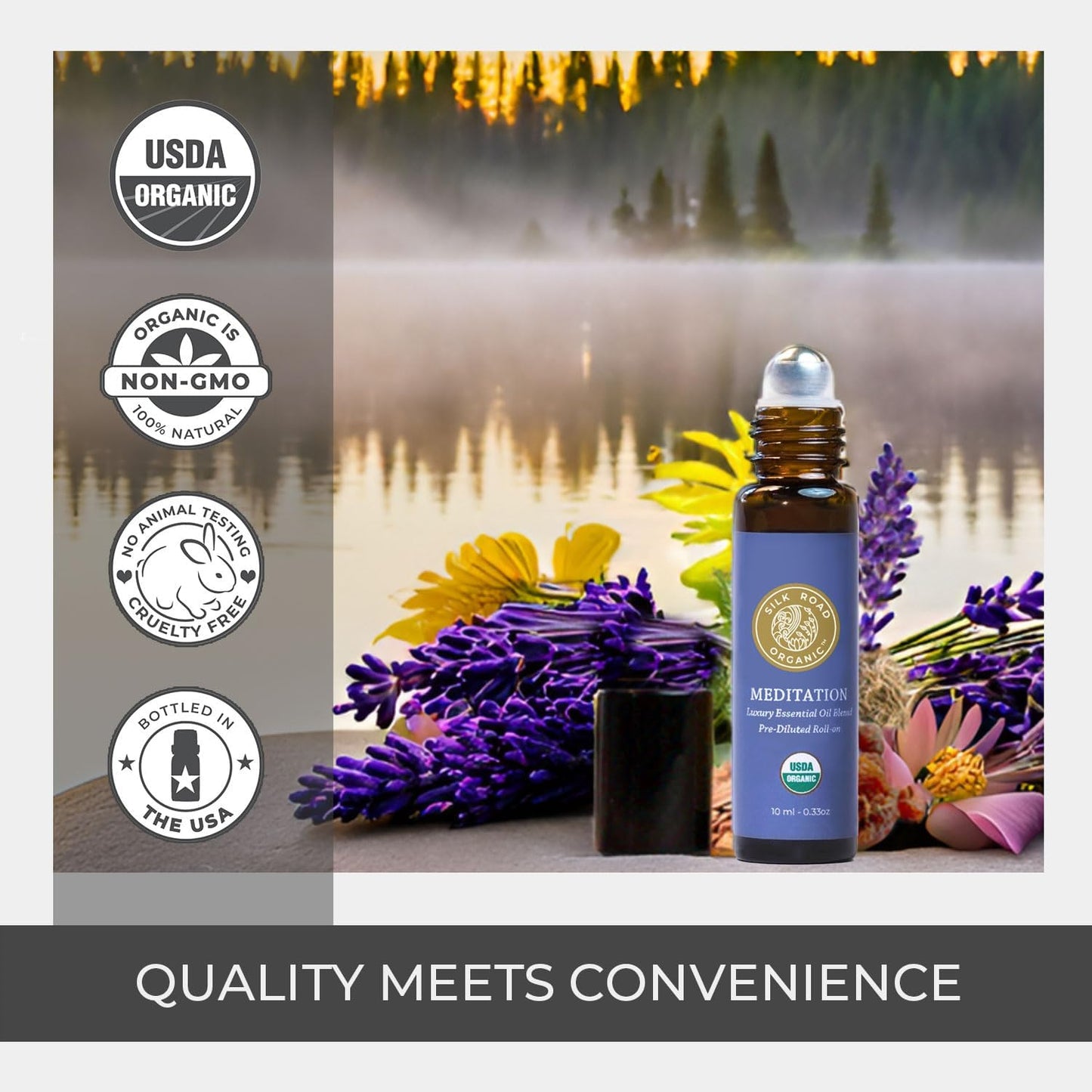 Silk Road Organic Meditation Essential Oil Empowering Blend Roll On,100% Pure USDA Certified Aromatherapy for Chakra Healing, Focus, Calming, Mindfulness & Spiritual Well-Being - 10ml Roller