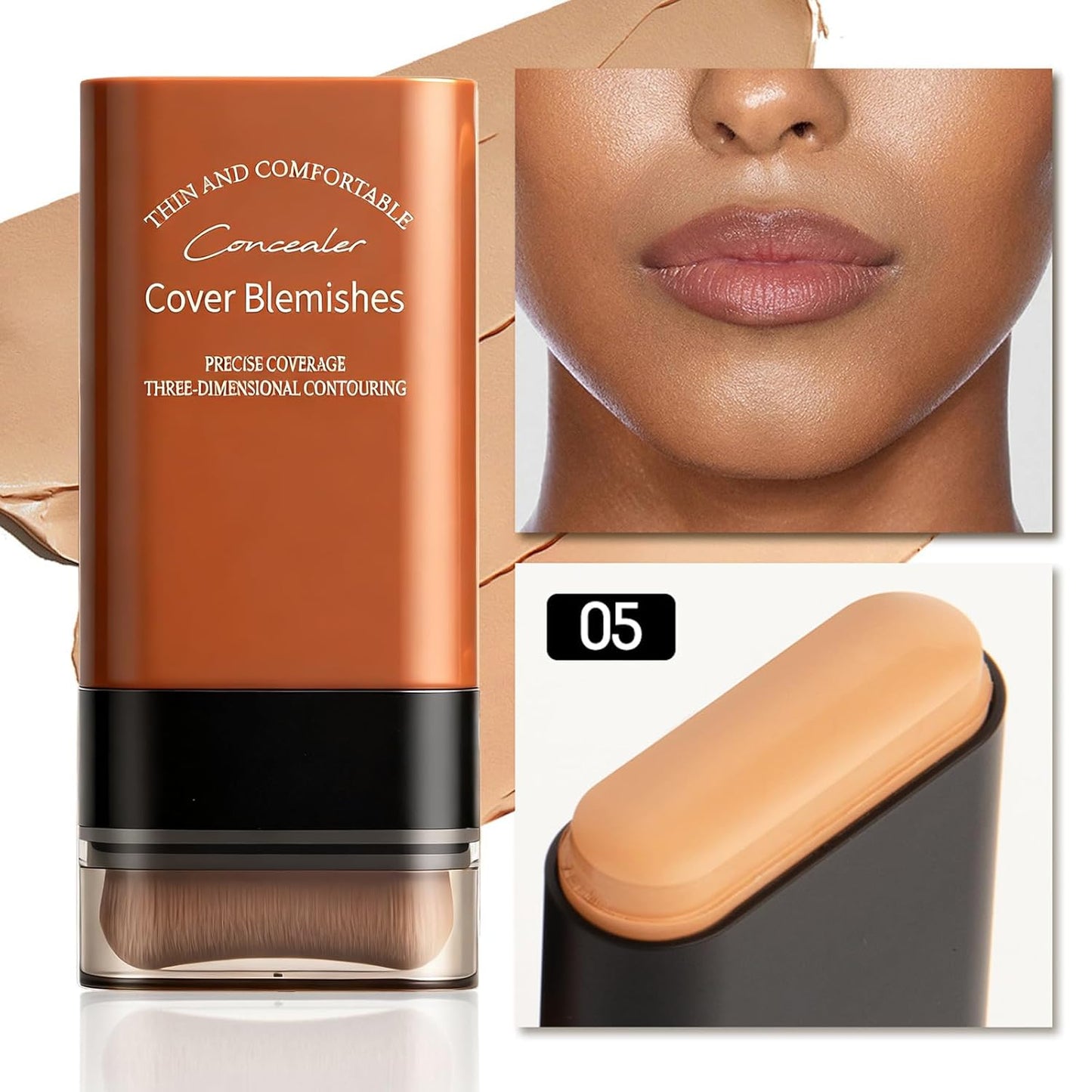Face Foundation Concealer Stick,2-in-1 Long-wear Lightweight Contour Brighten Stick Blemish with Brush, Waterproof, Hydrating Full Coverage Dark Circles & Blemishes(05#Deep Wheat)