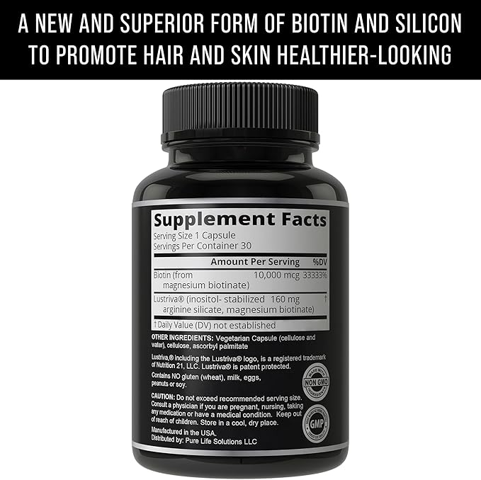 Lustriva + Biotin 10000mcg - Clinically Tested & Proven for Hair Growth & Skin in A Double-Blind Study. Hair & Skin Vitamins Supplement That Enhances Biotin Solubility by 40x. Pills for Women & Men.
