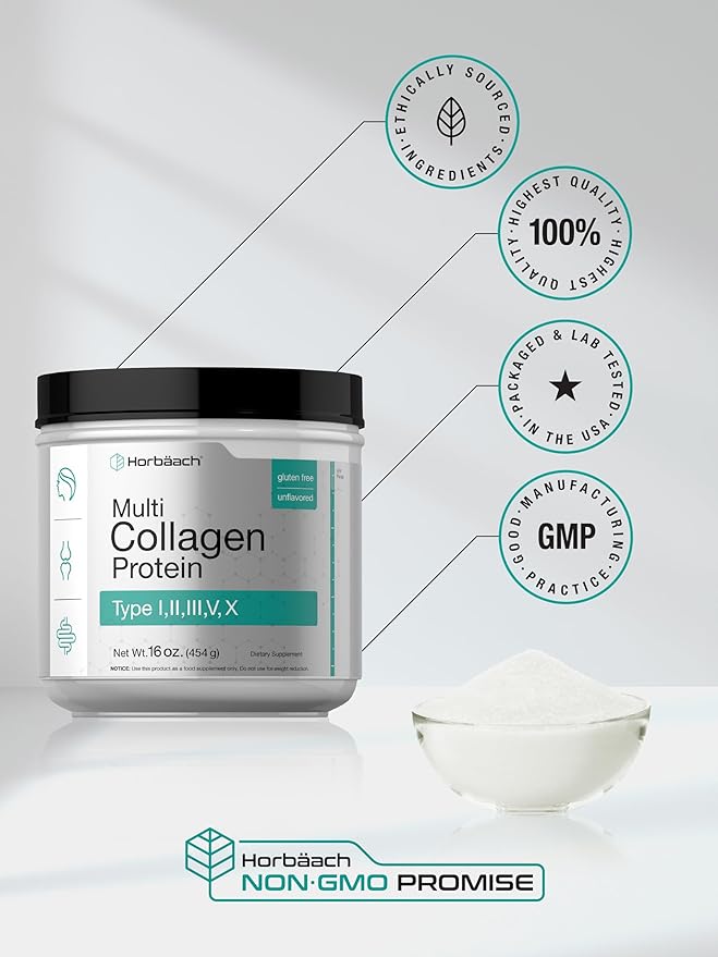 Horbäach Multi Collagen Protein Powder 16 oz | Type I, II, III, V, X | Hydrolyzed Collagen Peptide Powder | Keto & Paleo Friendly | Unflavored & Gluten Free