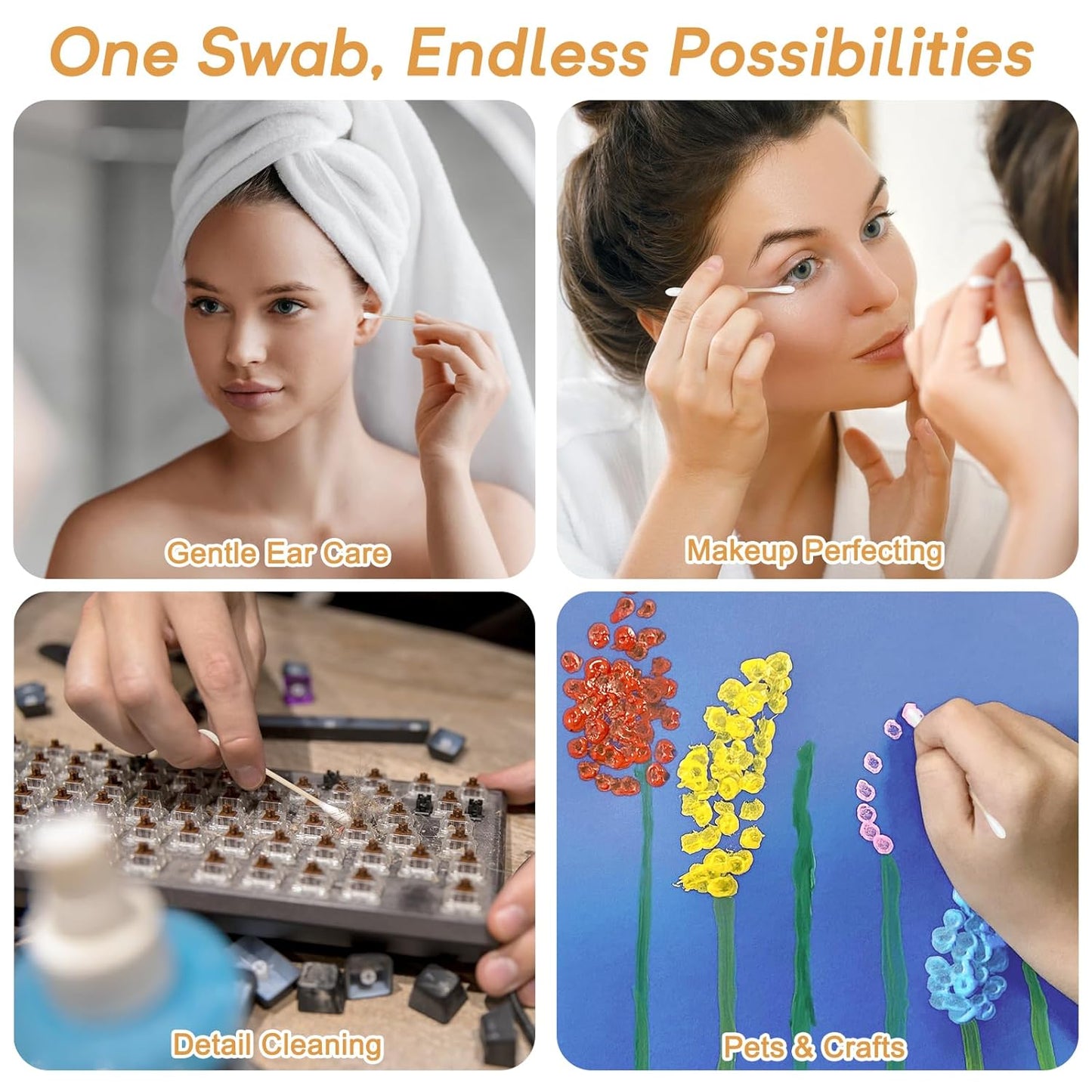 Bamboo Cotton Swabs 1000 Count in Storage Box, Double-Tipped Organic Cotton Buds with Durable Bamboo Sticks, for Makeup, Ear Care, Cleaning, Crafts