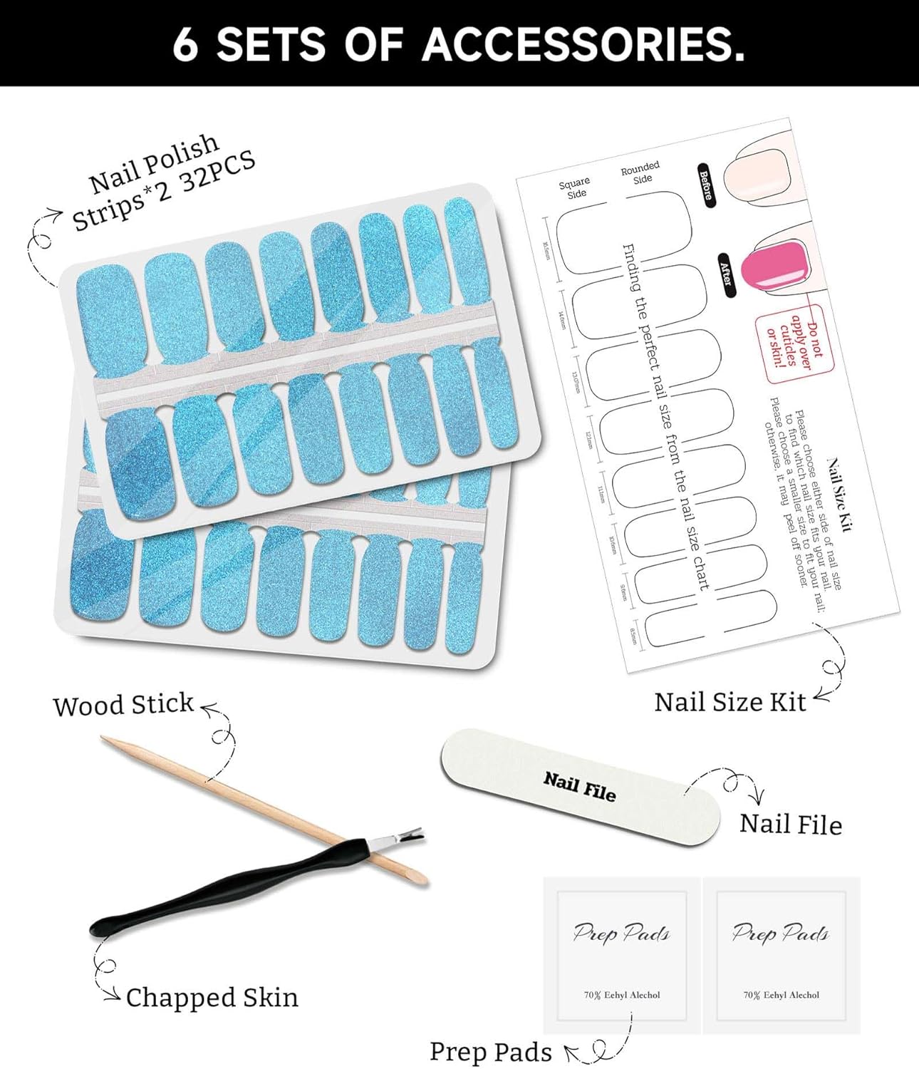 Glitter Nail Polish Strips, 32 Pcs Salon Quality Gel Nail Stickers, Long Lasting Wraps Easy to Use & Remove (Glitter Water Blue)