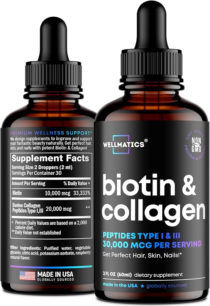 Liquid Collagen & Biotin Drops - 30000mcg Biotin, Collagen Boost for Women & Men - Collagen Peptides (Type I, III) & Biotin Oil for Hair, Skin & Nails - Natural Hair Growth Complex - 2 fl oz