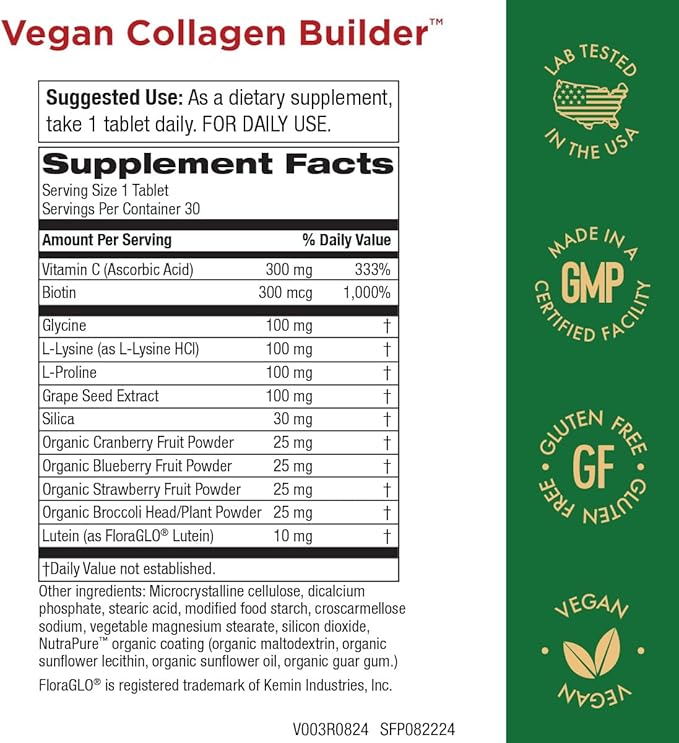 Vegan Collagen Builder - Organic Whole Foods Fruits + Veg, Silica, Lutein, Vitamin C, Biotin, Grape Seed - Amino Acids Glycine, Lysine + Proline Collagen Boosters - Once A Day - 30 Tablets