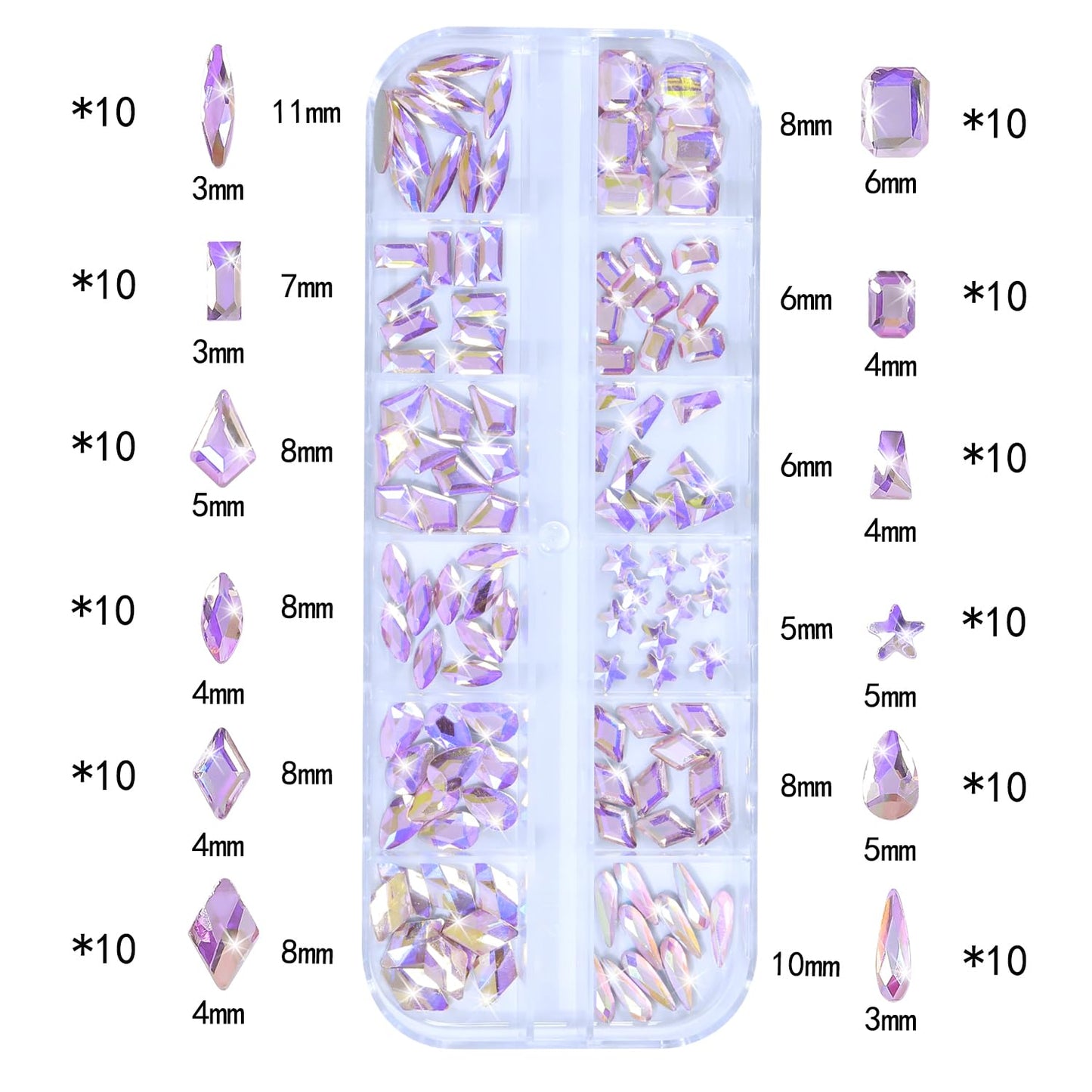 HNUIX Nail Rhinestones - 1600pcs 3D Multi Shape Size Crystal, Pink AB Nail Gems, Flat Back, with Kit, for Nail Art, DIY Decorations