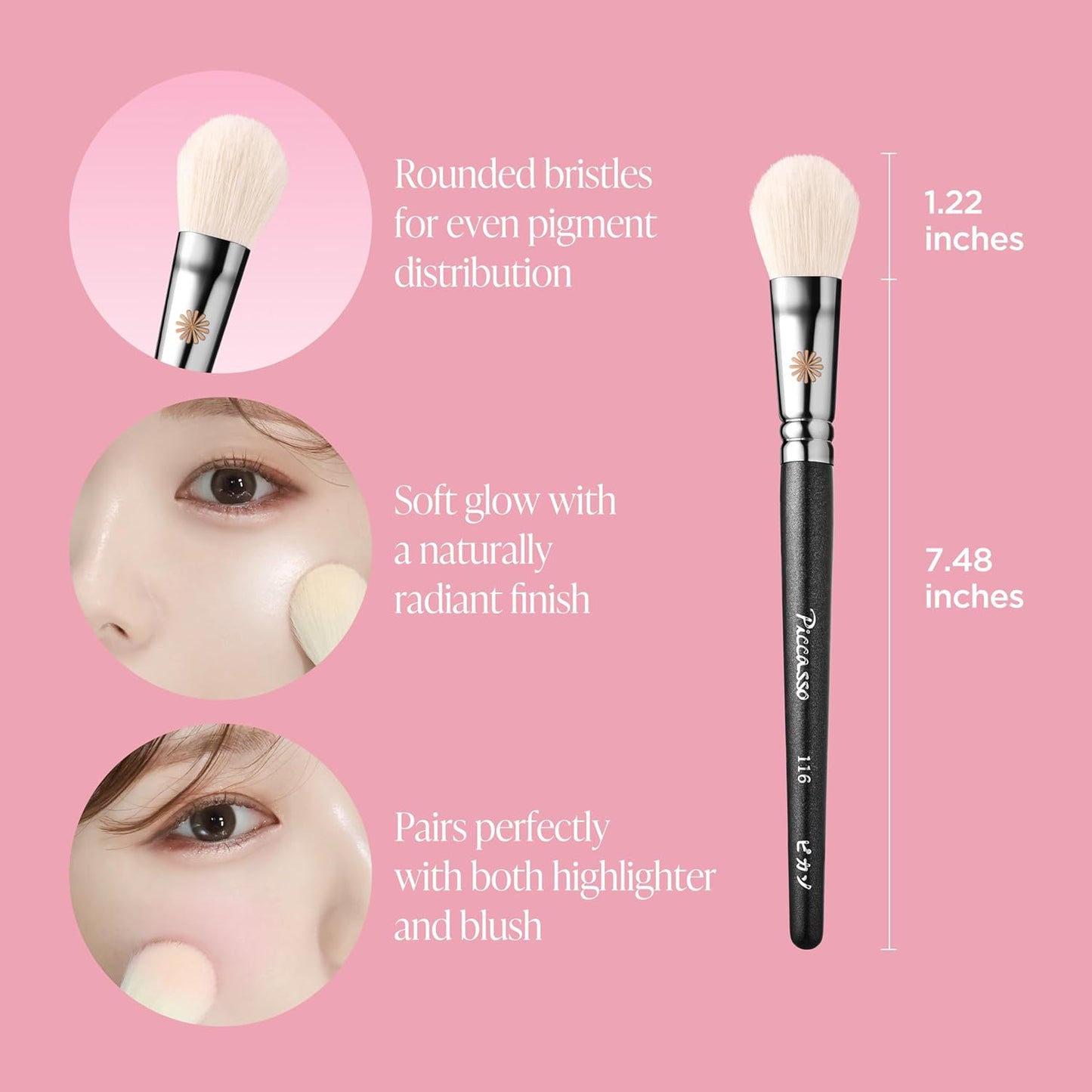 Piccasso 116 Highlighter Brush – Soft Goat Hair Makeup Brush for Face, Ideal for Highlighting Cheekbones, Nose, and Jawline, Fluffy Blush Brush for Natural Glow, Professional Korean Beauty
