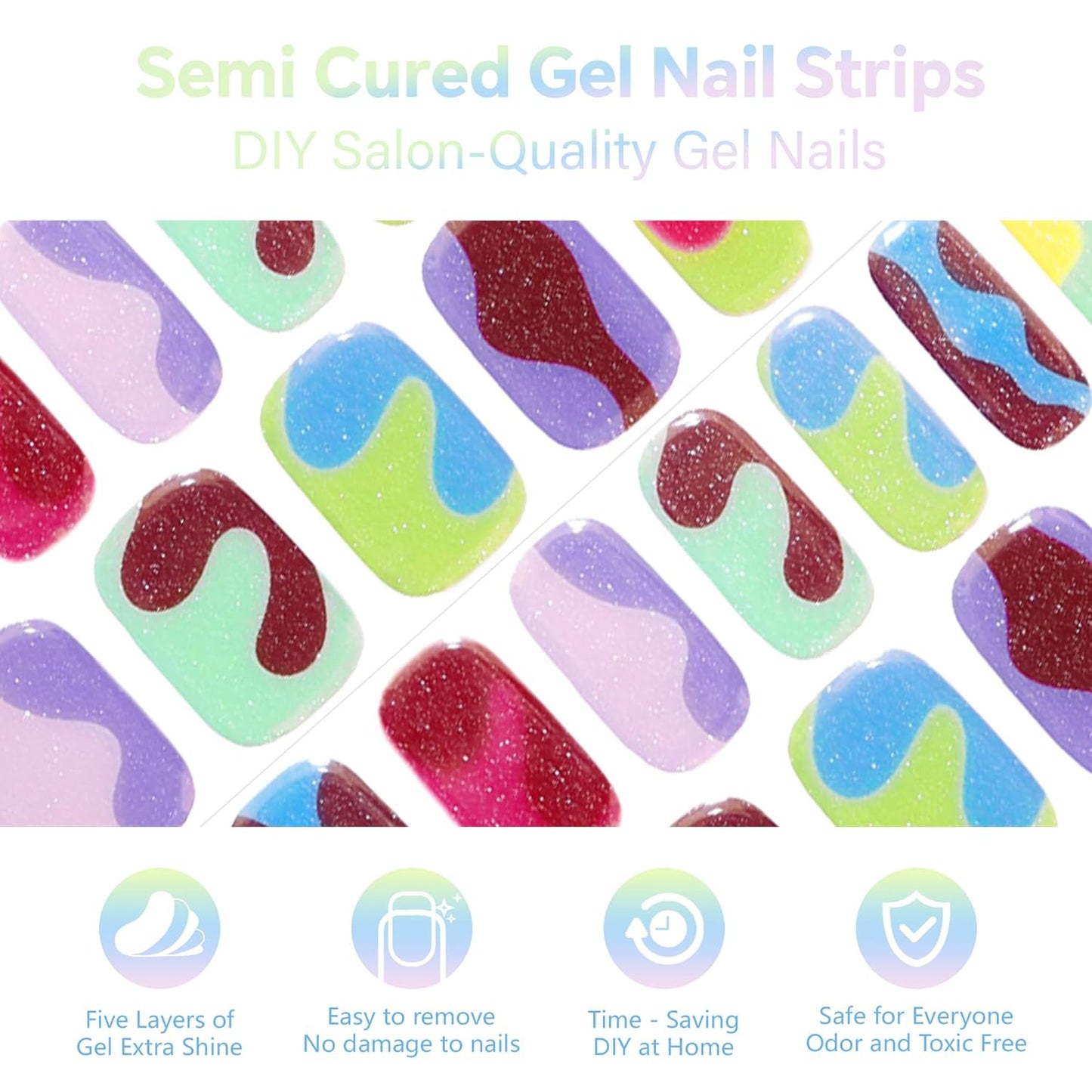 Semi Cured Gel Nail Strips-Candy Color Nail Strips Long Lasting Easy Apply At Home Manicure Kit Shiny Finish for Women and Girls Works with Any UV/LED Lamps(Kandinsky Swirl)