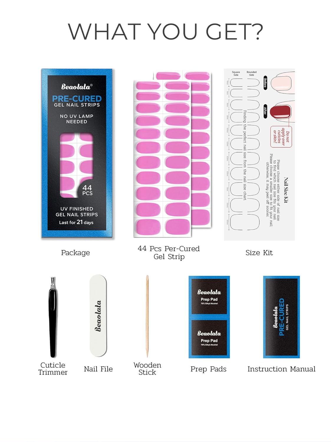 Pre Cured Gel Nail Strips - 44PCS Salon Quality Gel Nail Stickers - Long Lasting Polish Wraps for Women no UV Light Needed Easy Apply& Remove (Mermaid Pink)