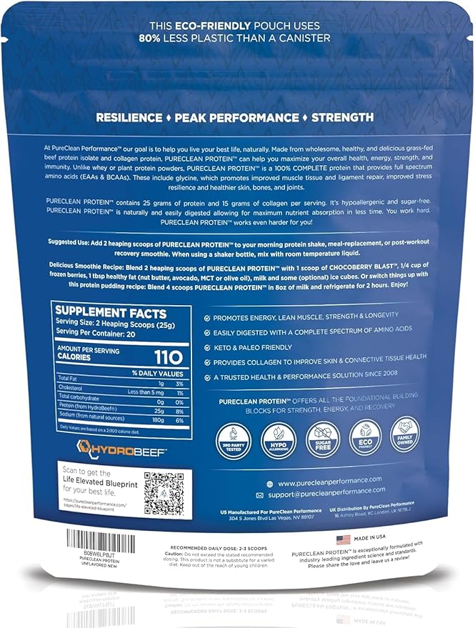 PureClean Protein 25G Organic Grass Fed Beef Bone Broth Protein from Swedish Cattle - Paleo, Keto-Friendly, Gluten-Free, Sugar-Free, Dairy-Free - Enhanced with Collagen Peptides - (4 Bags Unflavored)