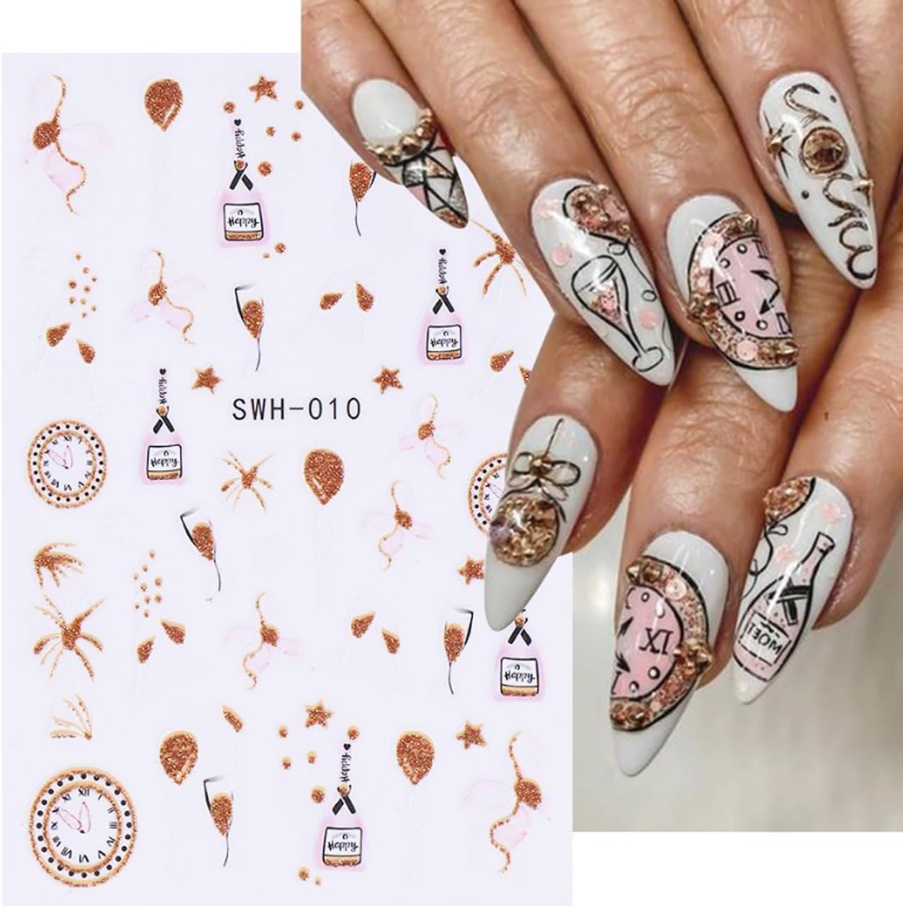 8 Sheets Christmas Nail Art Stickers - 3D Clock Glitter Firework Balloon Design, Candy Cane Cute Cartoon Cow Light Decals for Winter Xmas and New Year's - Supplies for Women Girls