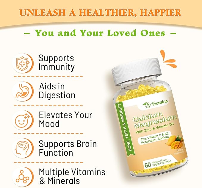 High Absorption Calcium Gummies, Sugar Free Calcium Magnesium Supplement with Vitamin D3 K2 for Bone & Teeth Strength, Muscle Function - Vegan, Mango Flavor 120 Cts