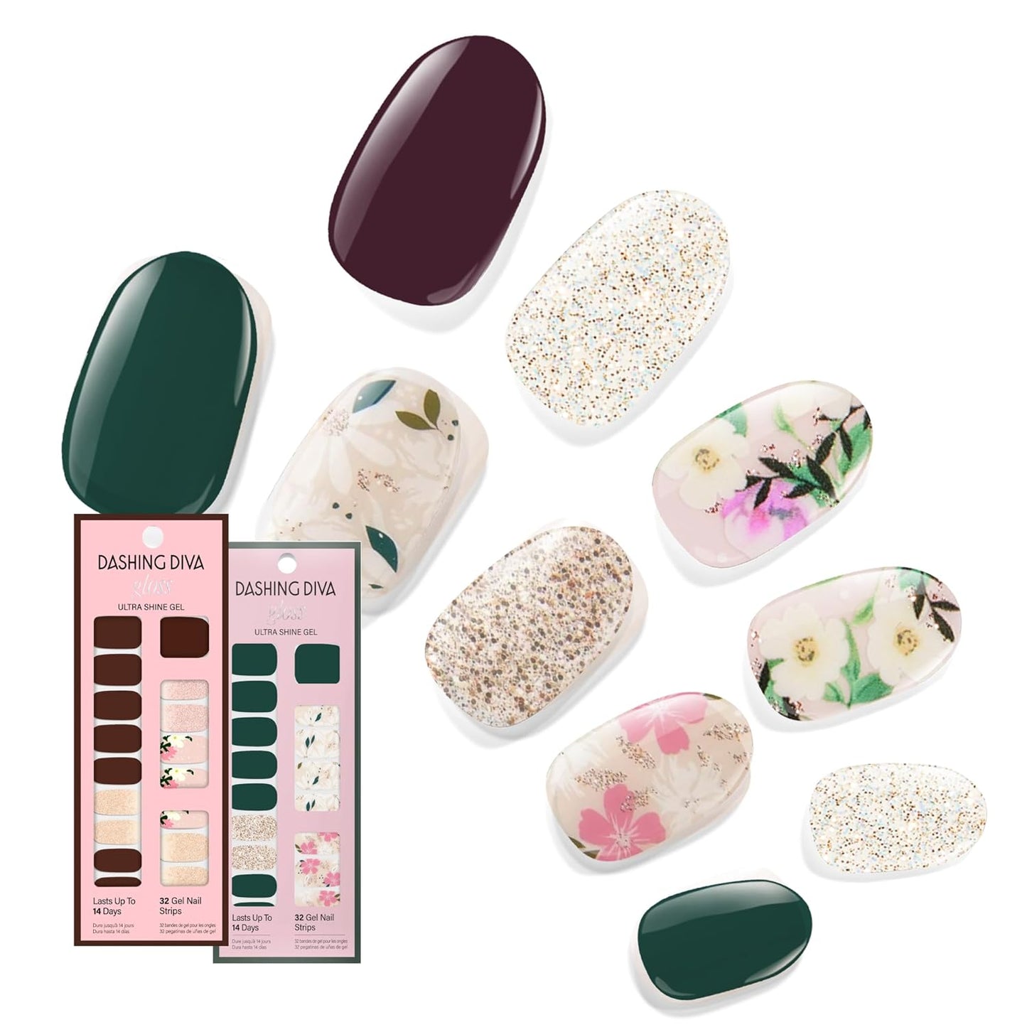 Dashing Diva Gloss Nail Strips Bundle - The Winter Florals Collection- Baby Bouquet & Magnolia Vine - UV Free, Chip Resistant, Long Lasting Gel Stickers - Contains 2 Sets