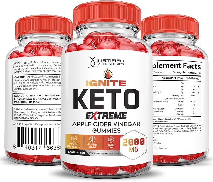 (2 Pack) Ignite Keto ACV Gummies Extreme 2000MG Advanced Ignite Keto Gummies Apple Cider Vinegar Formulated with Pomegranate Beet Juice Powder B12 Vegan Non GMO 120 Gummys