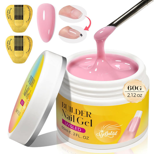 Builder Gel for Nails, 60g Light Pink Hard Gel for Nail Extension with 10 Nail Forms, Strengthener & Thickening, UV LED Lamp Cured Sculpture, Repair Broken Nails, Salon DIY Manicure Kit