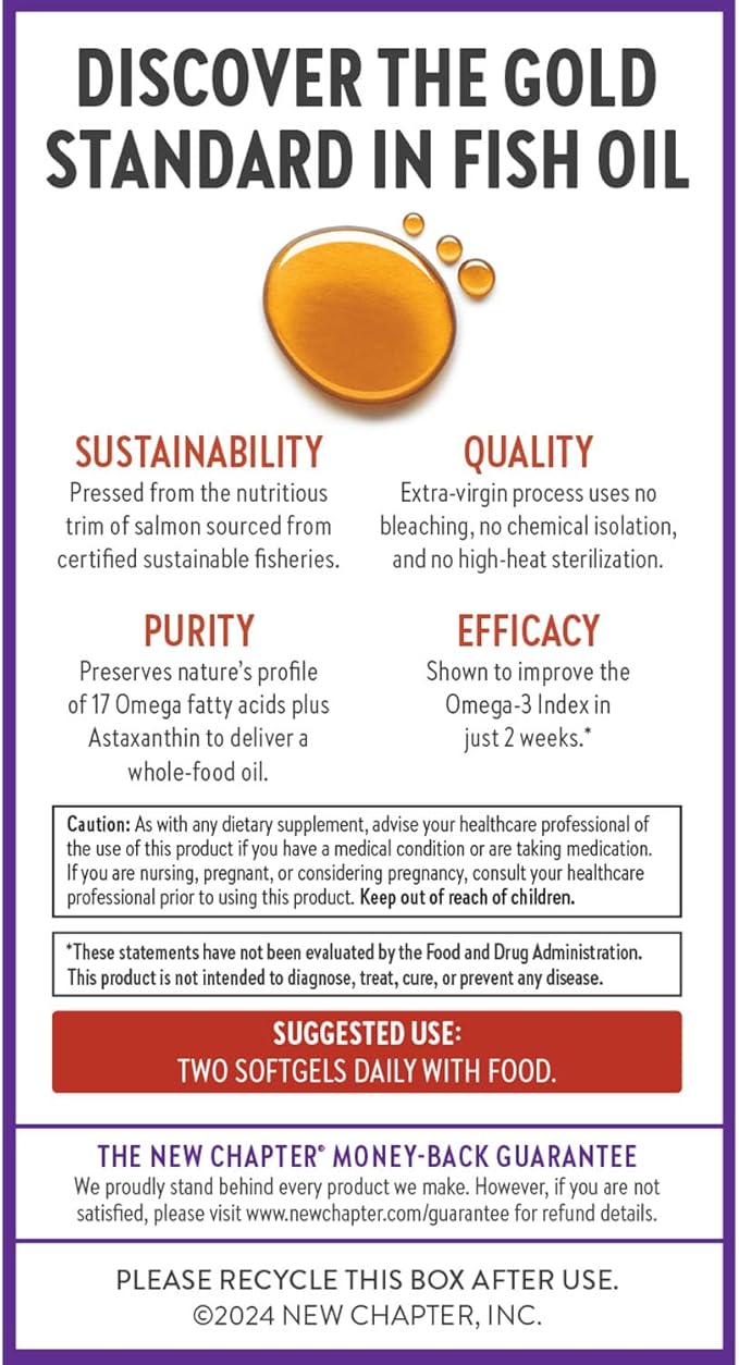 New Chapter Wholemega Fish Oil Supplement - Wild Alaskan Salmon Oil with Omega-3 + Vitamin D3 + Astaxanthin + Sustainably Caught - 180 ct, 1000mg Softgels