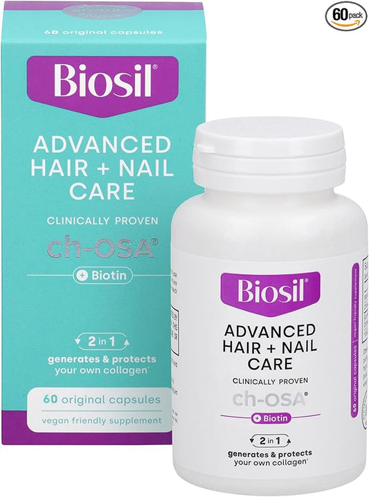 Biosil Advanced Hair + Nail Care - 60 Capsules - Grow, Strengthen & Thicken Hair and Nails - with Patented ch-OSA & Biotin - 30-Day Supply