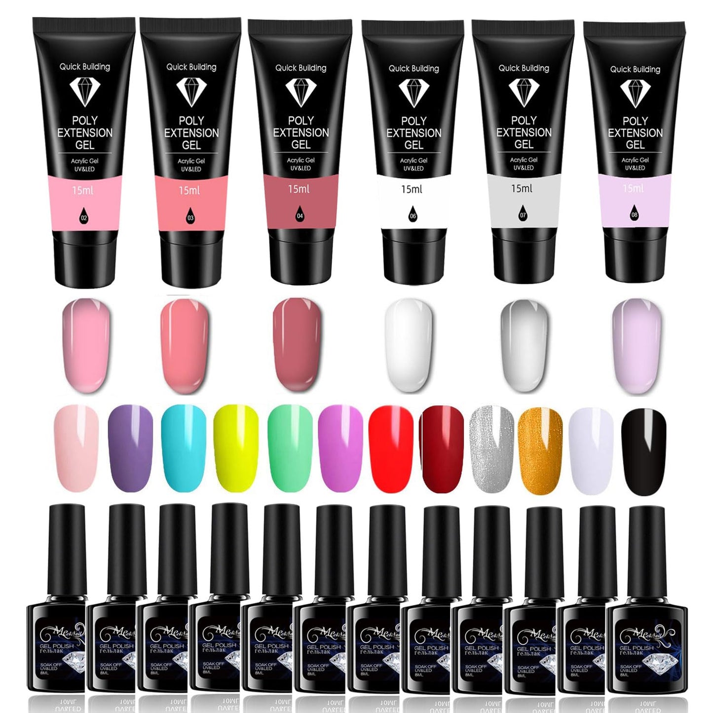 Gel Nail Polish Kit for Women with 6 Colors Extension Poly Nail Gel set, 48W UV Lamp, 12pcs nail polish set with Base Coat and Top coat,Professional Manicure Tool for Home DIY Salon