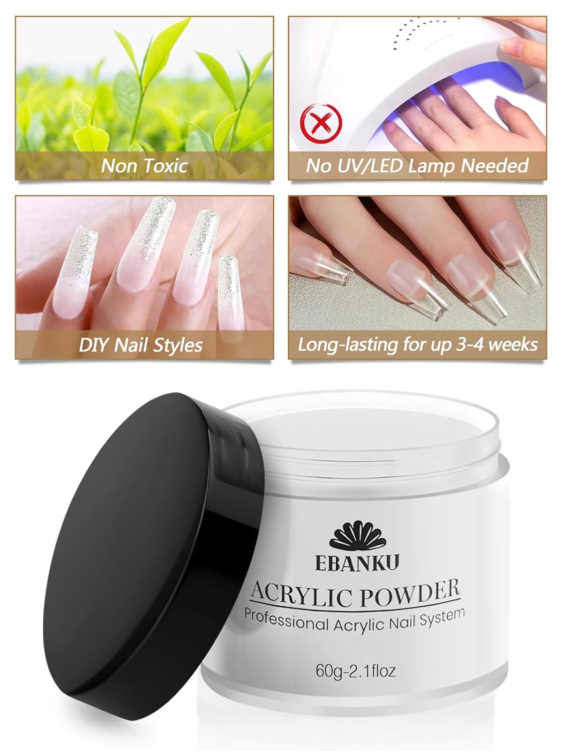 EBANKU 2 Colors Acrylic Nail Powder Set, White Clear Acrylic Powder Professional Nail Acrylic Powder for Nail Acrylic Extension, Nail Carving, Long-Lasting, No Nail Lamp Needed, 2.1 oz