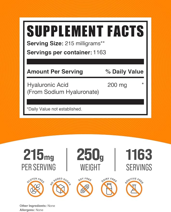 BulkSupplements.com Hyaluronic Acid Powder - Hyaluronic Acid Supplements, Hyaluronic Acid 215mg - Hyaluronic Acid Food Grade, Gluten Free - 215mg per Serving, 250g (8.8 oz) (Pack of 1)
